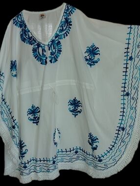 NWOT Bohemian Blue Embroidered Dress, Tunic, Swim Coverup, 1 Sz, Pull Waist